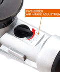 SI FANG mini pneumatic chamfering tool; silver metal body with five-speed air intake adjustment dial (front close-up)