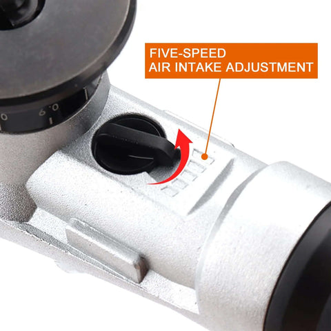 SI FANG mini pneumatic chamfering tool; silver metal body with five-speed air intake adjustment dial (front close-up)