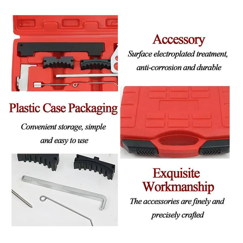 Top Shelf Car Timing Tool Kit Built like a Tank to Hold Your Engine Tight Includes Camshaft Belt Locking Pins and Tensioning Alignment Set Made from Tough Carbon Steel Fits 16V 1.4 1.6 1.8 Motors EN6340 KM6340 Garage Must Have Red Gear in red plastic case with precisely crafted accessories.