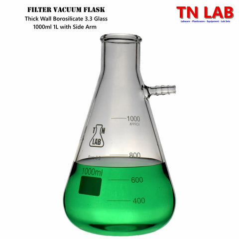 1L heavy wall borosilicate glass vacuum flask with green liquid, part of 80mm Porcelain Buchner Funnel And 1L Heavy Wall Borosilicate Glass Vacuum Flask Filtration Kit With Sealing Adapter For Efficient Lab Filtration And Easy Setup.