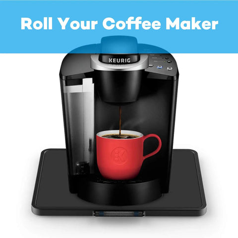 Extra Large Appliance Sliding Tray With Lever Assist under Keurig coffee maker, making it easy to roll on countertop.