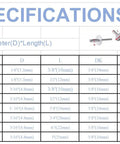Specifications chart for all black large flange blind rivets kit with aluminum body and steel mandrel, showing sizes and grip range.