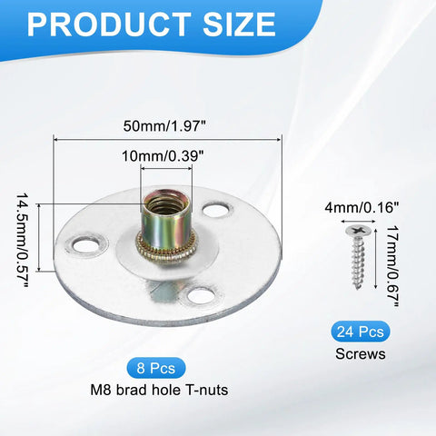 Top Tier M8 Brad Hole Tee Nuts And Round Base Weld Flange Inserts With Self Tapping Screws For Wood Furniture And Heavy Duty Shed Build No Sweat Setup, 50mm size with screws.