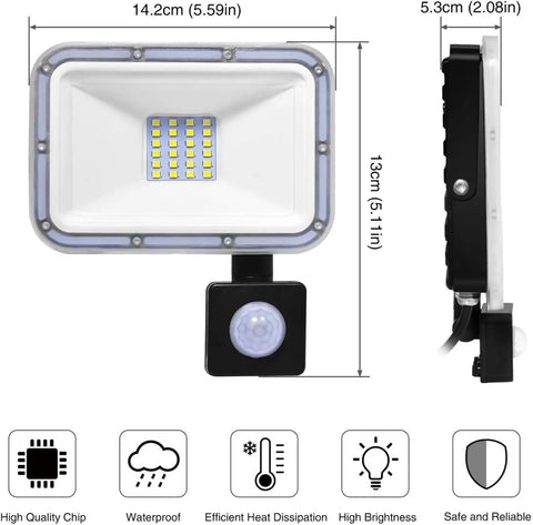 JUDYSSY Led Pir Floodlights 20W, Ip67 Waterproof Security Light with Motion Se, white LED fixture with motion sensor viewed from front.