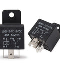 Two Beefy 40 Amp SPDT 5 Pin Automotive Relay 12VDC Contactor Switch Pack, JD2912 1Z, shown from front and angled view.