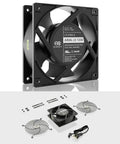 Quiet 120V Axial Muffin Fan 120x38mm Low Speed Aluminum Body With Dual Ball Bearings UL Certified shown with accessories.