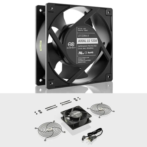 Quiet 120V Axial Muffin Fan 120x38mm Low Speed Aluminum Body With Dual Ball Bearings UL Certified shown with accessories.