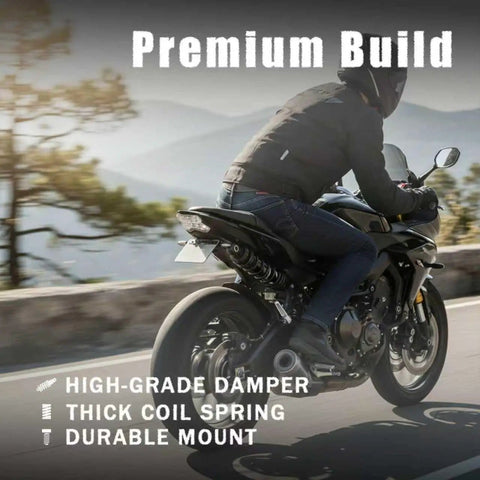 Motorbike on road with Pair 320mm Motorcycle Shocks Universal Rear Air Shock Absorbers For Off Road Bikes Street Bikes ATVs 150cc-750cc Center Distance Fit Check Heavy Duty Performance Beef Up Your Ride visible, highlighting premium build features.