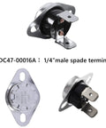 Dryer Repair Kit DC47-00016A thermostat for Samsung with 1/4 inch male spade terminals, shown front and side view.