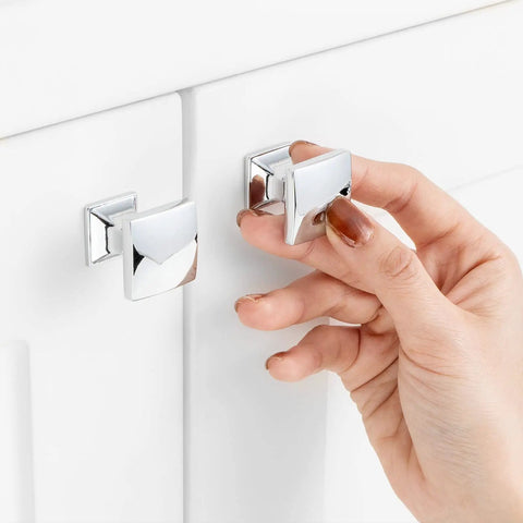 Polished Chrome Square Cabinet Knobs Set, 1 Inch, 10 Pack, Heavy Duty Metal Pulls With Two Screw Sizes For Easy Install, Rust Resistant Hardware Upgrade For Cabinets, Dressers, And Drawers installed on white cabinet