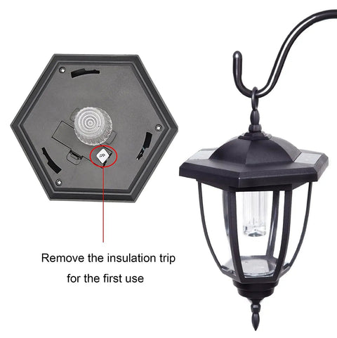 37.8 Inch Hanging Solar Lights For Outdoor Garden Lanterns With Waterproof Landscape Lighting And 2 Shepherd Hooks, underside view and hook