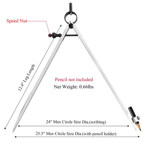 Killer 12 Inch Woodworking Pencil Compass And Divider Tool With Secure Lock Mechanism For Perfect Circles Rock Solid Carbon Steel Frame, 12.4 inch leg length.