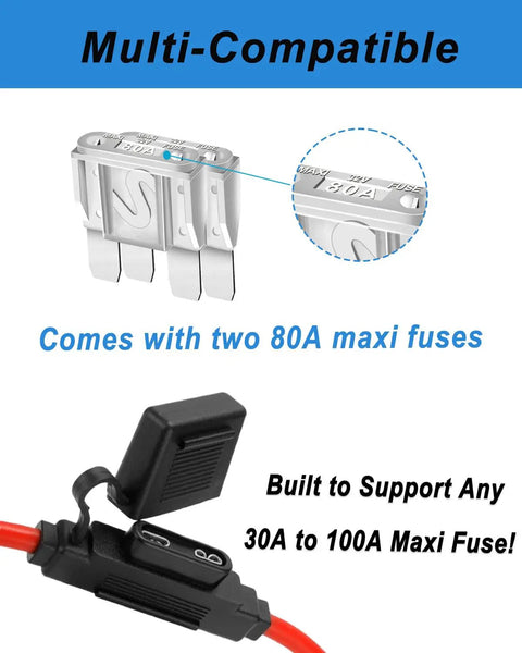 Built Tough 2 Pack 6 Awg Maxi Fuse Holder With Two 80 Amp Fuses, featuring 80A fuses and versatile cable connectors.