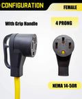 Heavy Duty Nema 14-30 To 14-50 R Ev Charger Adapter Cord With Slick Grip Handle and Solid Copper Build for Tesla drivers, showing female connector.