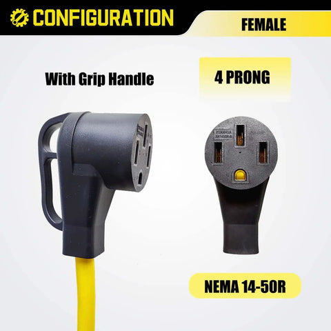 Heavy Duty Nema 14-30 To 14-50 R Ev Charger Adapter Cord With Slick Grip Handle and Solid Copper Build for Tesla drivers, showing female connector.