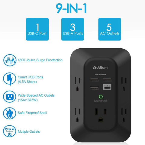 USB Wall Outlet With Surge Protector 5 Outlets And 4 USB Ports Including USB C 1800 Joules 3 Sided Widely Spaced Power Strip Plug And Play Access Black For Home Or Office Desk Or Travel Use