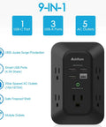 Image showing Two Pack USB Wall Charger Surge Protector With 5 Outlets And 4 USB Ports Including USB C 1800 Joule Power Strip 3 Sided Outlet Extender Wall Adapter For Your Home Office Black with 9-in-1 features