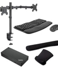 Thunderbolt 4 Workstation Dock Serving Up 230W Power And Seamless 4K Video Paired With Adjustable Monitor Stand Wireless Keyboard And Mouse setup with black components