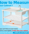 Diagram showing how to measure cabinet space for Under Sink Mat 22x34 Inch Waterproof Cabinet Liner For Kitchen And Bathroom.