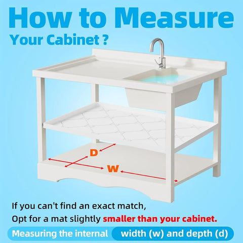 Diagram showing how to measure cabinet space for Under Sink Mat 22x34 Inch Waterproof Cabinet Liner For Kitchen And Bathroom.
