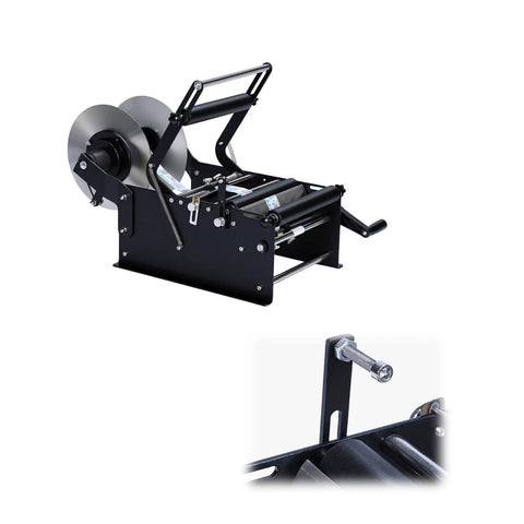Upgrade Your Packaging Game With This Super Quick Manual Bottle Labeling Machine. Handheld handle applicator, black metal.