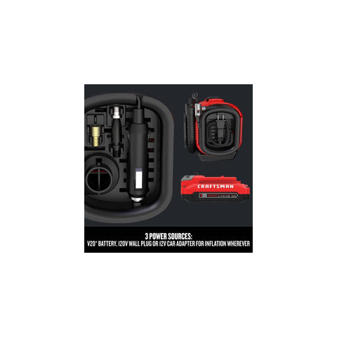 V20 Tire Inflator Portable Air Compressor with Cordless 120V Corded and 12V Car Adapter Modes, battery sold separately, parts visible