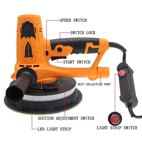 Smooth Operator Wall Grinder And Polishing Machine With Dust Free Self Absorption For Putty And Drywall Adjustable Speed Up To 2500 Rpm, showing control features.