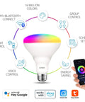 BR30 Smart LED Flood Bulbs 13W 1300 Lumens RGB Color Changing, controlled via mobile app with connected features icons