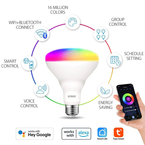 BR30 Smart LED Flood Bulbs 13W 1300 Lumens RGB Color Changing, controlled via mobile app with connected features icons