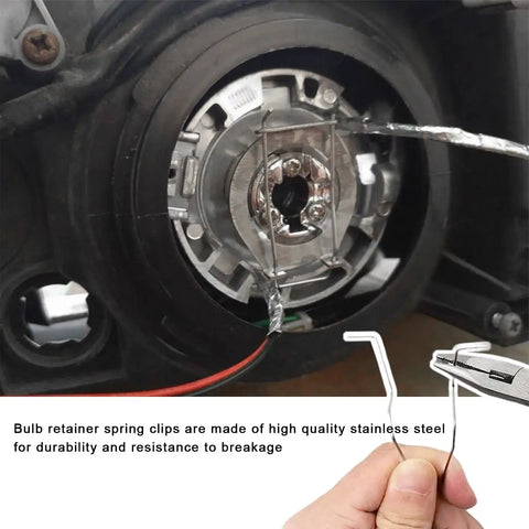 9 Pack Stainless Steel Bulb Retaining Spring Clips For Headlights shown securing headlamp in vehicle socket
