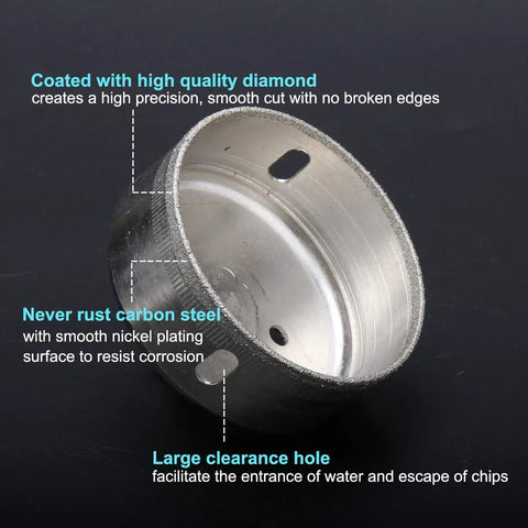 Close-up of a diamond-coated hole saw from the Diamond Hole Saw Set With 7 Pcs Drill Bits And Guide Jig, showcasing high-quality diamond coating and carbon steel.