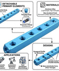 Diagram of a Two Way Five Port Pneumatic Manifold With G1 Quarter Ports, 61mm length, blue anodized aluminum, explosion-proof design.
