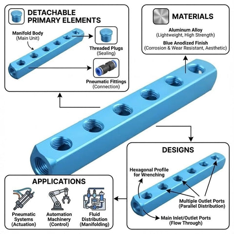 Diagram of a Two Way Five Port Pneumatic Manifold With G1 Quarter Ports, 61mm length, blue anodized aluminum, explosion-proof design.