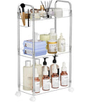 Clear 3 Tier Acrylic Rolling Storage Cart With Four Extension Poles For Tall Items And Bottles, fully stocked, on wheels