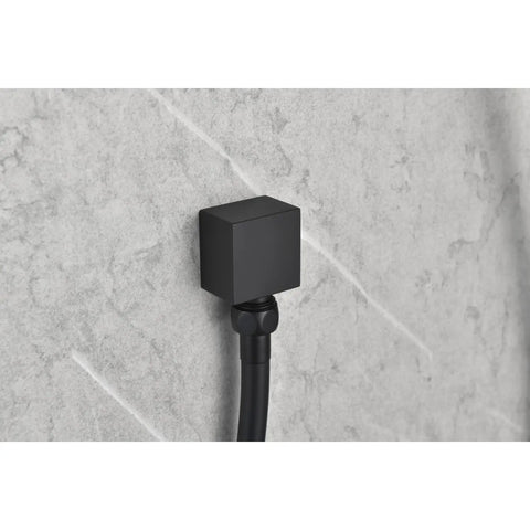 Wall Mounted Shower System with 6 Body Sprays and Hand Shower, matte black connection to wall, sleek square design.