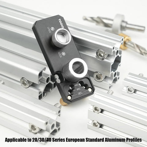 Aluminum Profile Drill Guide With M6 And M8 Step Drill Bits for 20, 30 And 40 Series European Standard Aluminum Extrusion Profiles shown with profiles