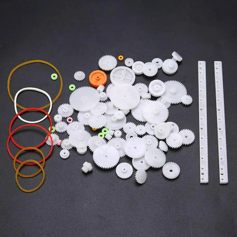 75 Pcs Mixed Plastic Gear Kit with rack, pulley, belt, worm gear, single and double gears for DIY robots and toy cars
