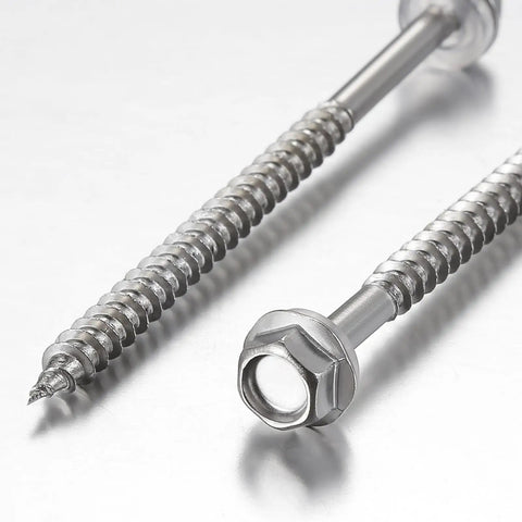 Heavy Duty 10x1 Hex Head Self Tapping Wood Screws Rust Proof 410 Stainless Steel Fasteners 250 Pack on a silver background.