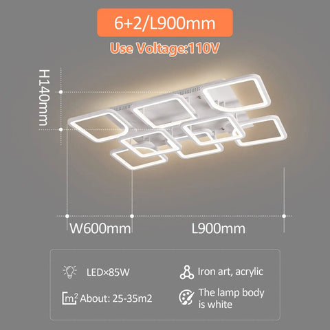 Eight-square LED ceiling light fixture dimensions, 110V 85W, showing 60cm by 90cm panel, ideal for modern homes and open plan living.