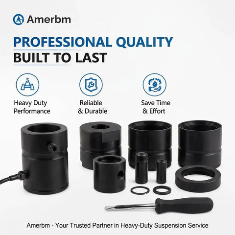 Various components of the Pin And Bushing Kit Adapter For Heavy Duty Leaf Spring Removal On Class 8 Freightliner Cascadia Trucks