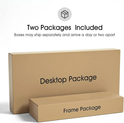 Rock Solid 60 X 24 Inch Electric Adjustable Standing Desk packages showing desktop and frame packaging.