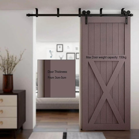 5 Feet Ceiling Mount Sliding Barn Door Hardware Kit For A 30 Inch Wide Single Wooden Door Easy To Install Smooth Quiet Operation Y Shape Hanger Heavy Duty Steel With Anti Corrosion Finish Pre Drilled Rails And L Bracket installed view showing heavy-duty steel rail and wooden barn door in modern room setting.