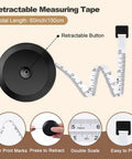 Two Pack Soft Flexible Retractable Tape Measure Set For Body Measurements, Sewing And Fabric, Tailor And DIY Projects, Mini Dual Sided Inches And Centimeters, Black Quick Retract And White Classic Tape, Grab And Go Pro Grade Handy Tool showing retractable button and 60 inch/150 cm length.