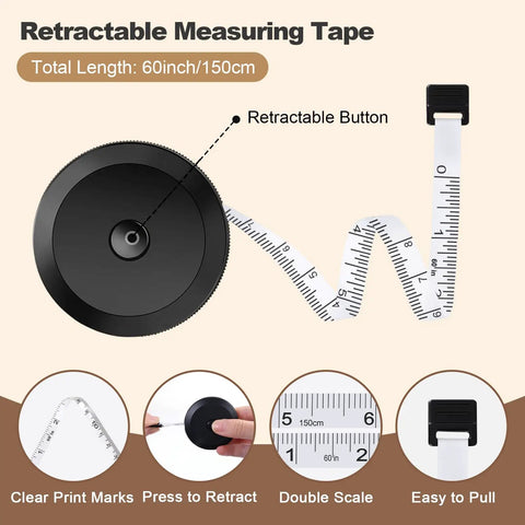 Two Pack Soft Flexible Retractable Tape Measure Set For Body Measurements, Sewing And Fabric, Tailor And DIY Projects, Mini Dual Sided Inches And Centimeters, Black Quick Retract And White Classic Tape, Grab And Go Pro Grade Handy Tool showing retractable button and 60 inch/150 cm length.