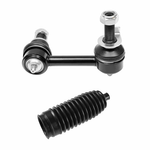 Close-up of sway bar end link and rack and pinion bellows from Complete Front Suspension Kit for 2003 to 2009 Infiniti G35 Coupe and Nissan 350Z Beef Up Your Ride With Front Control Arm Assembly, Sway Bar End Links, Tie Rod End, Rack and Pinion Bellows Boots, 14 Pieces Ready To Install.