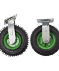 Eight Inch Pneumatic Caster Wheels Heavy Duty Rubber Inflatable Tires Four Piece Set with two swivel casters in black and green.
