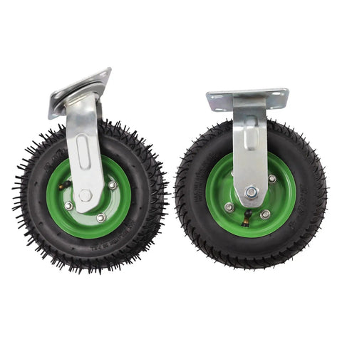 Eight Inch Pneumatic Caster Wheels Heavy Duty Rubber Inflatable Tires Four Piece Set with two swivel casters in black and green.
