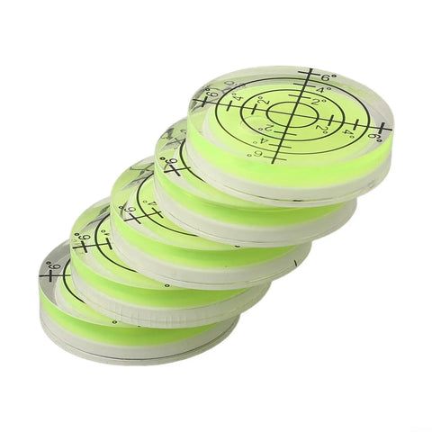 Stacked green Round Bubble Level Vial 32 x 7 mm for Acrylic Spirit Level And Measuring Layout Tools, showing precision markings