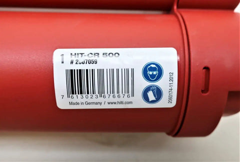 Red Adhesive Cartridge Holder HIT-CR-500 showing barcode and labels for HDM Manual Dispenser, heavy-duty secure clip design