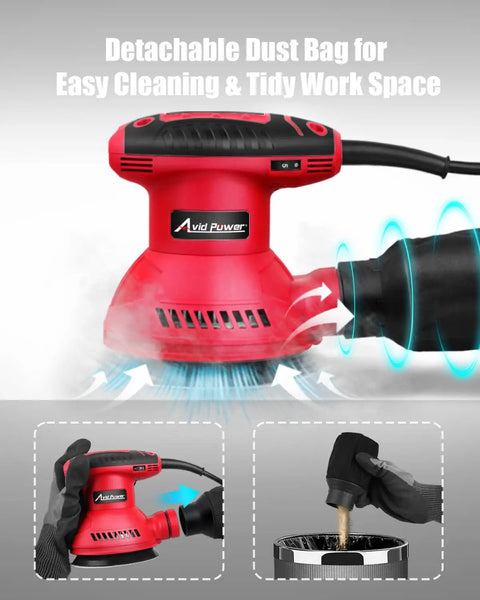 Heavy Duty Five Inch Random Orbital Sander featuring detachable dust bag for easy cleaning and tidy work space.